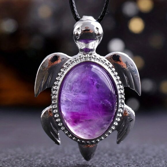 Amethyst Natural Gemstone Turtle Pendant Necklace Healing Gemstone Pendant - Picture 2 of 3